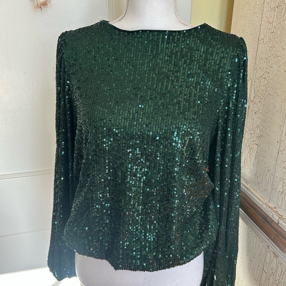 Anthropologie Dark Green Sequin Blouse - Picture 2 of 13